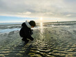 © Irina Schmidt - Cheerful little girl walking and searching shells on beach of North Sea during low tide on cold but sunny spring day.