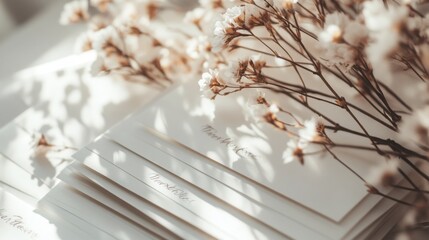 Poster - A collection of elegant stationery lies near soft, blooming flowers, illuminated by warm sunlight, creating a serene atmosphere.
