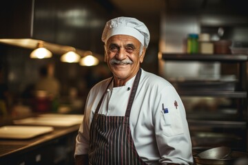 Smiling portrait of a senior chef working in kitchen