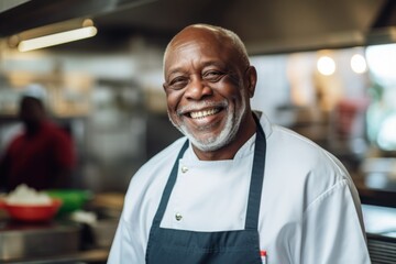 Smiling portrait of a senior chef working in kitchen