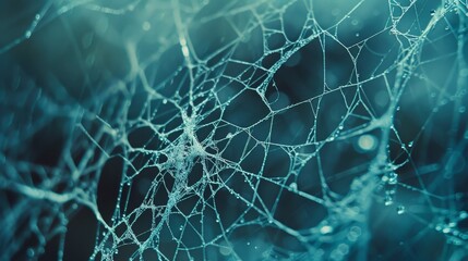 A close-up view of a spider web with dew drops, symbolizing nature's intricate design, fragility, and beauty. The web is delicate and intricate, highlighting the fine details of nature. The blue hues 