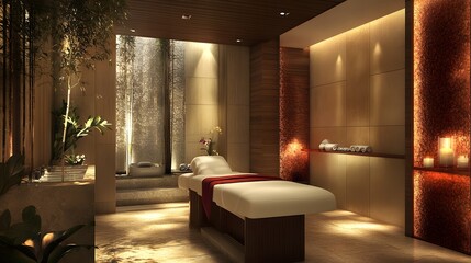 A contemporary spa room with a focus on wellness, featuring a massage table, warm lighting, and relaxing aromatherapy elements