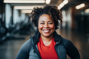 Wall Mural - Smiling portrait of a slightly overweight middle aged woman in gym