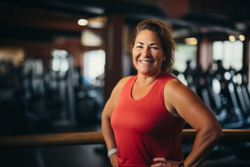 Smiling portrait of a slightly overweight middle aged woman in gym