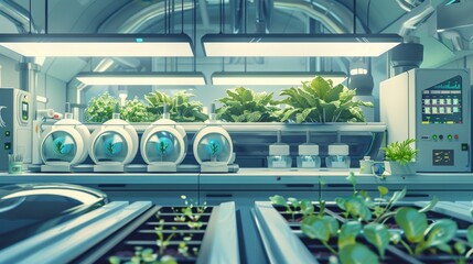 A futuristic hydroponic farm with plants growing under LED lights, showcasing sustainable food production in a controlled environment, symbolizing innovation, technology, efficiency, and self-sufficie