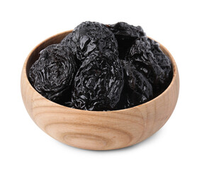 Wall Mural - Tasty dried plums (prunes) in wooden bowl on white background