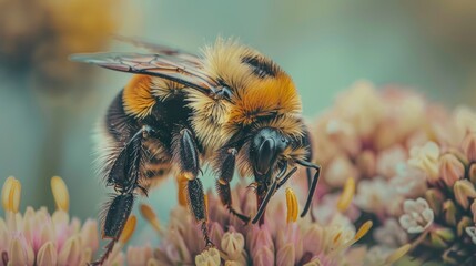 Wall Mural - A honey bee collects pollen from a flower, symbolizing nature, pollination, biodiversity, the importance of insects, and the beauty of the natural world.