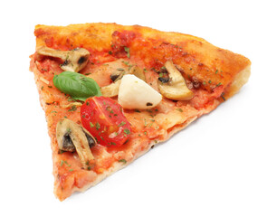 Wall Mural - Piece of tasty pizza with basil, mushrooms, mozzarella and tomato isolated on white