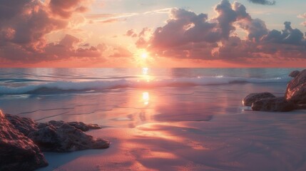 Wall Mural - A picturesque sunset over a sandy beach, with calm ocean waves gently lapping the shore. The sky is ablaze with vibrant hues of orange and pink, while fluffy clouds cast long shadows across the water.