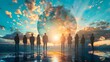 © Nima - A powerful silhouette image of people standing against the backdrop of a massive Earth globe, symbolizing global unity, hope, and a shared future. The setting sun casts a warm glow on the scene, empha