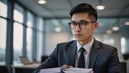 Wall Mural - Young male manager in eyeglasses auditing financial report on desk at his workplace in modern office