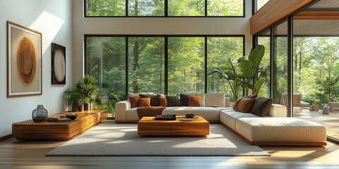 A modern living room with an open plan layout, featuring white walls and wood accents, accented by warm earthy tones like brown or beige in the furniture and decor.