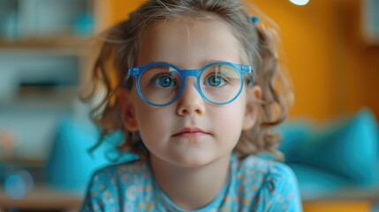 A young girl with curly hair and blue glasses looks directly at the camera with a serious expression.