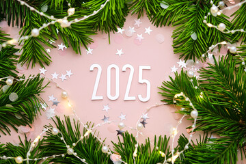 Wall Mural - new year 2025 pink background. number of the coming year in christmas decoration.