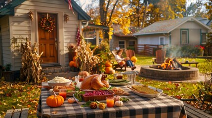 Family praying holding hands at Thanksgiving table. Flat-lay of feasting peoples hands over