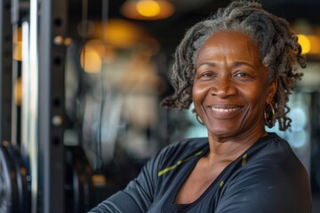 Canvas Print - Smiling portrait of a middle aged slightly overweight black woman in gym