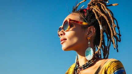 A young woman with dreadlocks and sunglasses looks up at the sky. She is wearing a colorful necklace and a yellow shirt. This photo symbolizes freedom, individuality, style, confidence, and self-expre