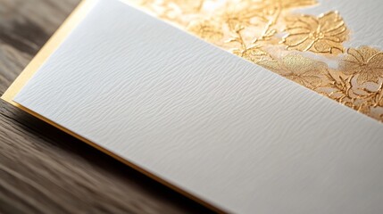 Poster - A close-up view of textured cardstock featuring intricate gold foil designs under warm natural light, showcasing craftsmanship and elegance.