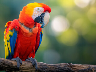 Poster - A colorful parrot is perched on a branch. The bird is red, yellow, and blue, and it has a black beak. The scene is peaceful and serene, with the bird looking out over the lush green trees