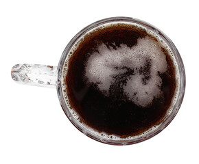 Glass mug of dark beer isolated on white, top view