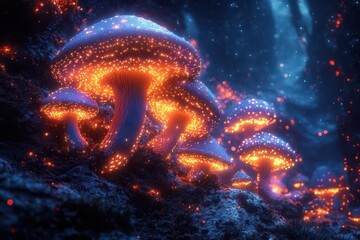 Wall Mural - psychedelic dreamscape with luminous mushrooms swirling fractal patterns vibrant colors merging into