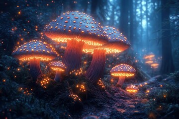 Wall Mural - psychedelic dreamscape with luminous mushrooms swirling fractal patterns vibrant colors merging into