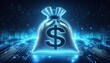 © Wonderful AI - digital blue moneybag with a dollar $ icon with binary code