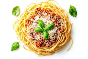 Wall Mural - Spaghetti Bolognese with basil and parmesan isolated on a white, top view