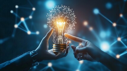 Poster - Innovative hands guiding a glowing light bulb surrounded by digital connections at night