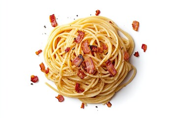 Wall Mural - Spaghetti carbonara with crispy bacon bits isolated on a white, top view