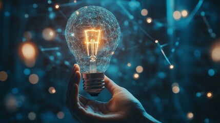 Poster - A hand holds a glowing light bulb against a dark background with sparkles and abstract patterns around it