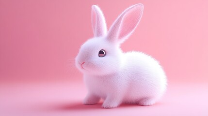 A fluffy white rabbit sits on a soft pink background, looking to the side.