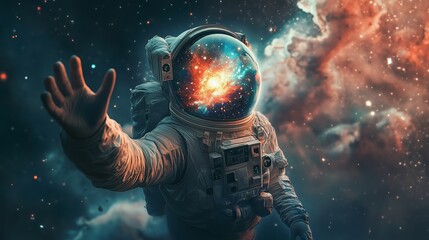 An astronaut reaches out towards the vibrant galaxy in the depths of space