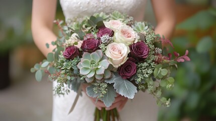 Wall Mural - A bride in a stunning gown holds a vibrant bouquet filled with roses and succulents, surrounded by greenery.