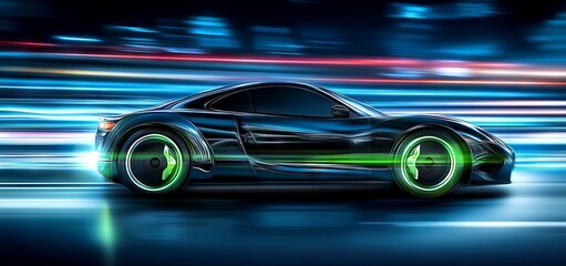 Canvas Print - An animated futuristic sports car with a technology background in motion