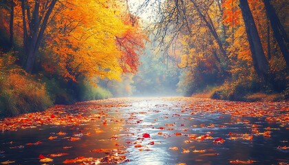 Aufkleber - Autumn River with Spectrum of Orange, Red, and Yellow Leaves