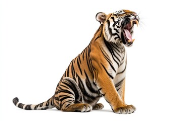 Tiger sitting and roaring isolated on a white background