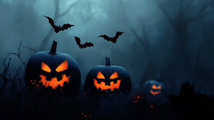 Jack-o'-lanterns in a cemetery on a spooky night - Halloween background, creepy spooky wallpaper for poster or postcard. AI generation