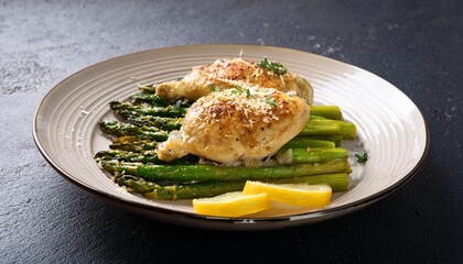 Main course dish meal Lemon garlic parmesan chicken with asparagus. 