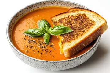 Wall Mural - Tomato basil soup with grilled cheese sandwich isolated on a white, top view