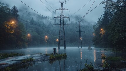 Canvas Print - Power Lines in Foggy Lake