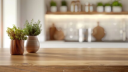 Sticker - Wooden desk with empty space for decorating, against blurred kitchen background in home interior.