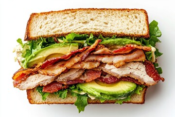 Turkey club sandwich with bacon and avocado isolated on a white, top view