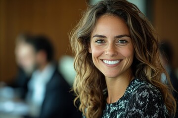 cheerful businesswoman smiling at the camera in a boardroom, generative ai