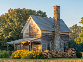 Wall Mural - A large, old house with a chimney and a porch. The house is surrounded by trees and has a rustic feel