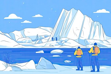 Wall Mural - Vector illustration - arctic background - landscape illustration with researchers studying icebergs