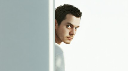 Young man peeking from behind a white wall.