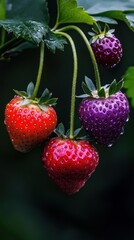 Wall Mural - Three ripe strawberries, one red and two purple, hang from green stems against a dark green background.