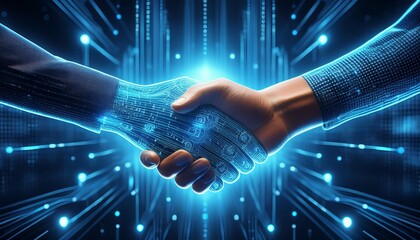 digital blue handshake with glowing binary code, artificial intelligence in virtual business transactions