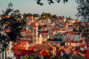 Wall Mural - Scenic view of Hvar showcasing its charming old town with red-tiled roofs and historic architecture